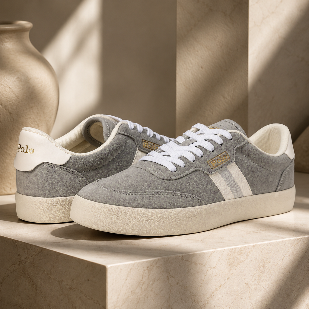 Grey & White Leather Mixed-Media Court Sneakers