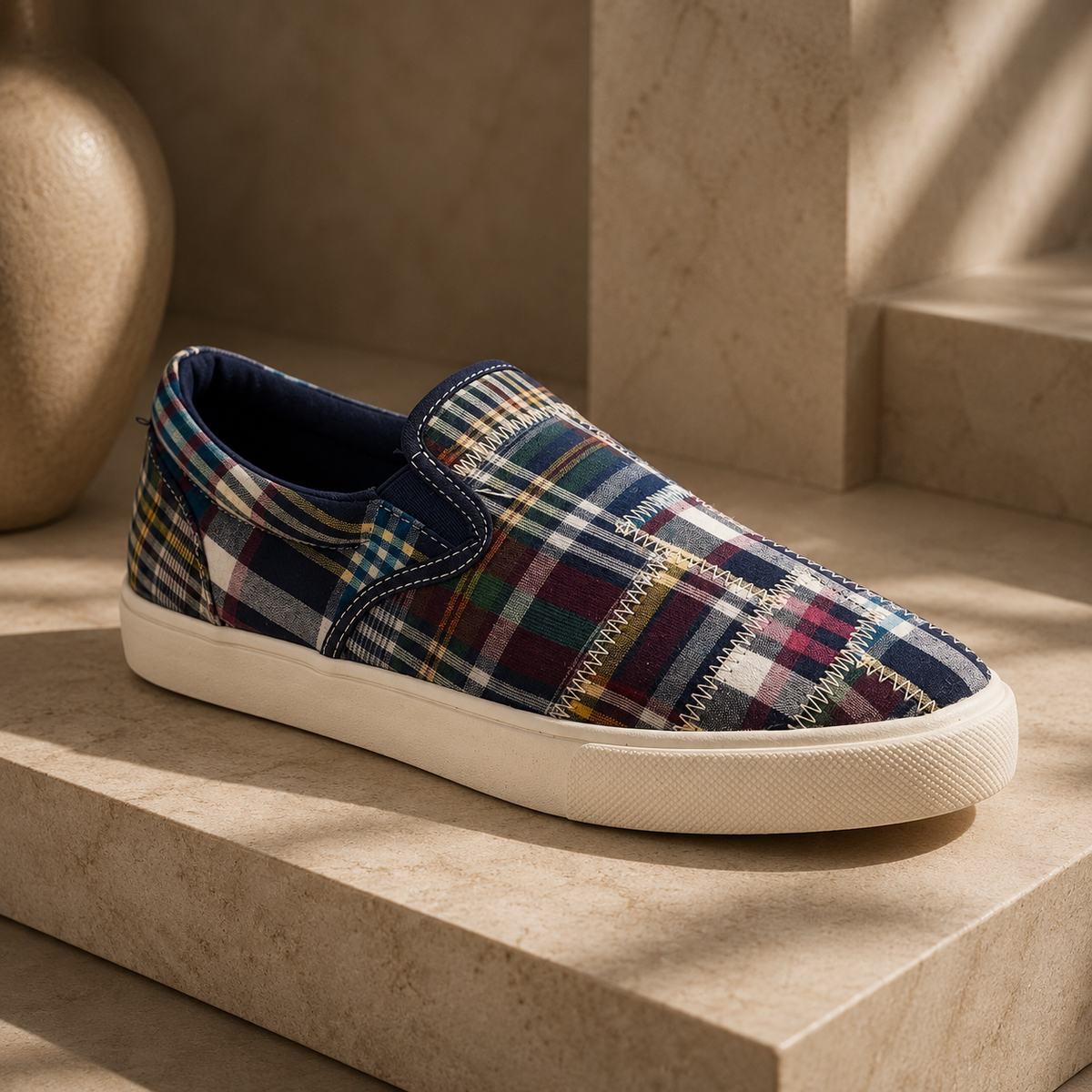 Multicolor Cotton Canvas Plaid Slip-On Sneakers