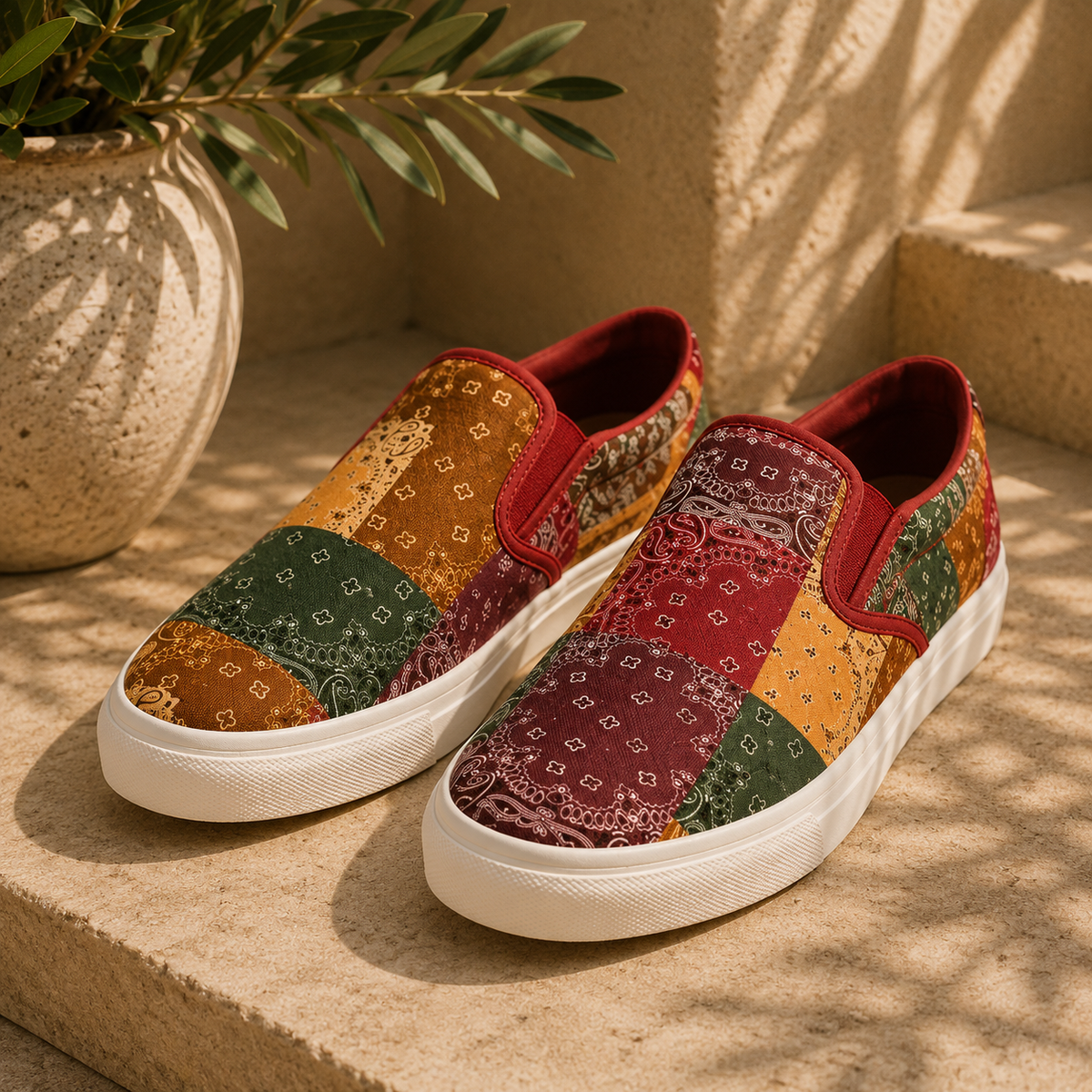 Multicolor Bandana Print Canvas Slip-On Sneakers