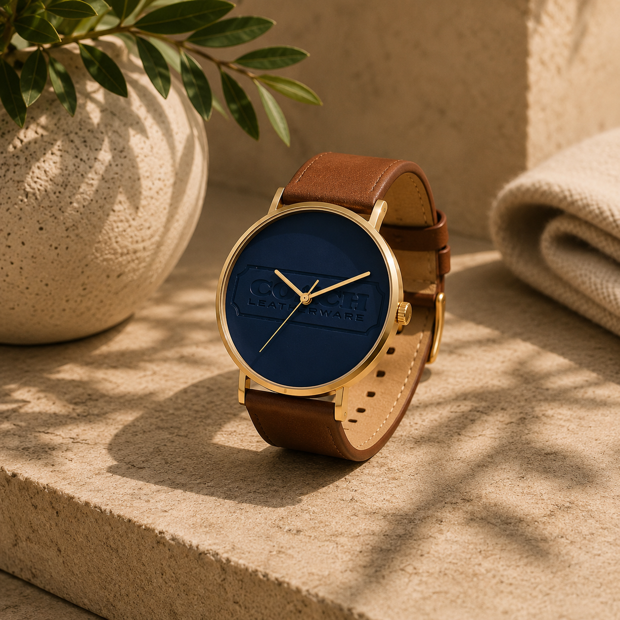 Navy Dial Gold-Tone Leather Strap Watch