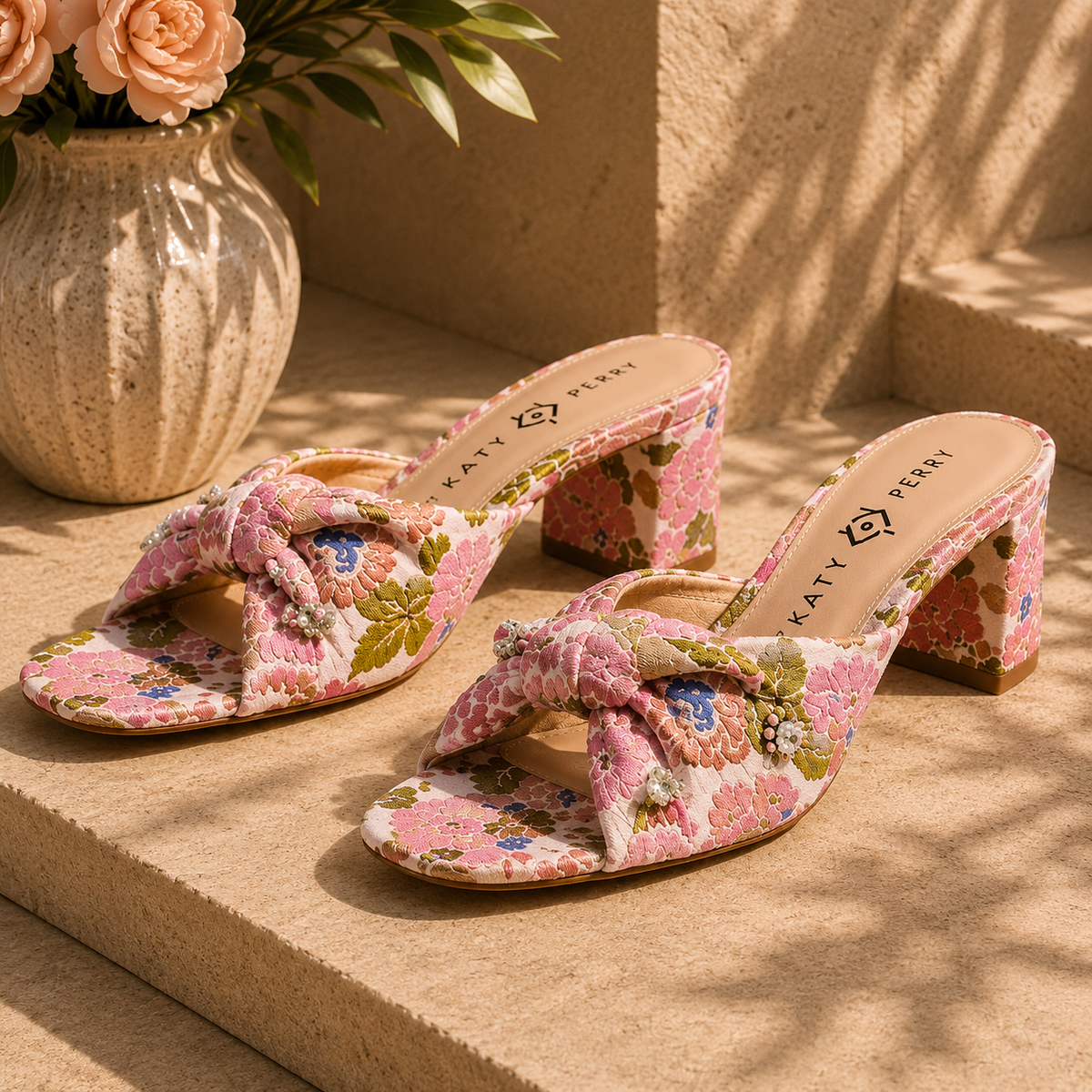 Pink Floral Jacquard Knotted Block-Heel Sandals