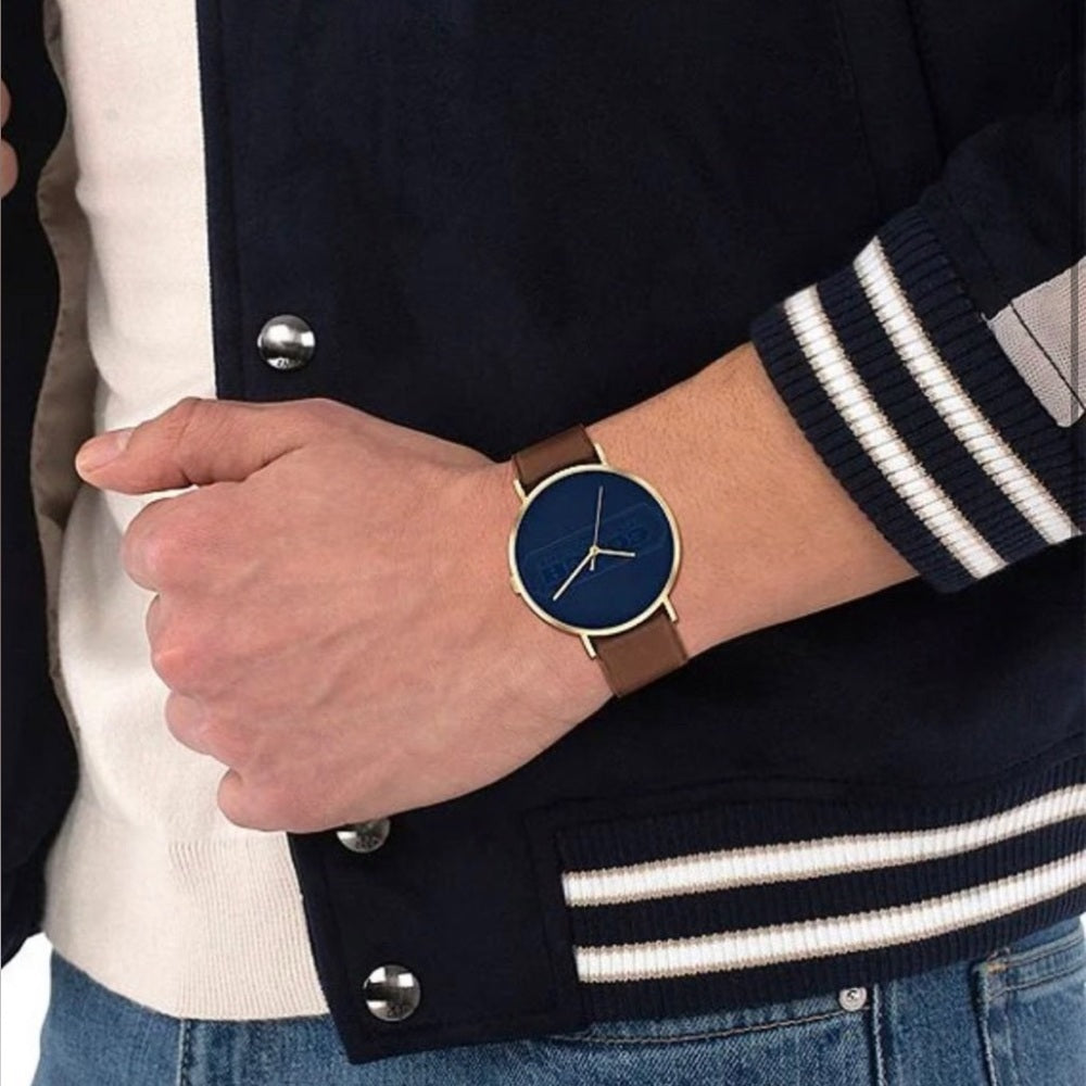 Navy Dial Gold-Tone Leather Strap Watch