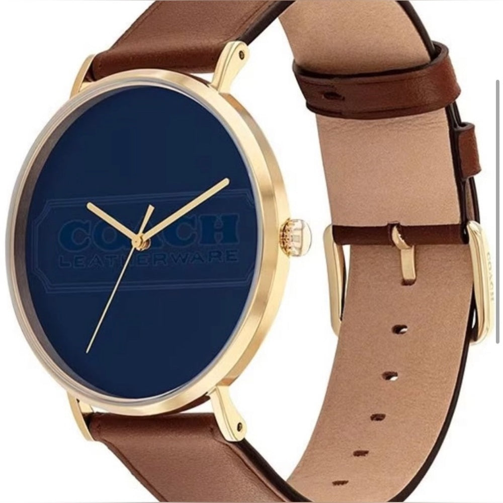 Navy Dial Gold-Tone Leather Strap Watch