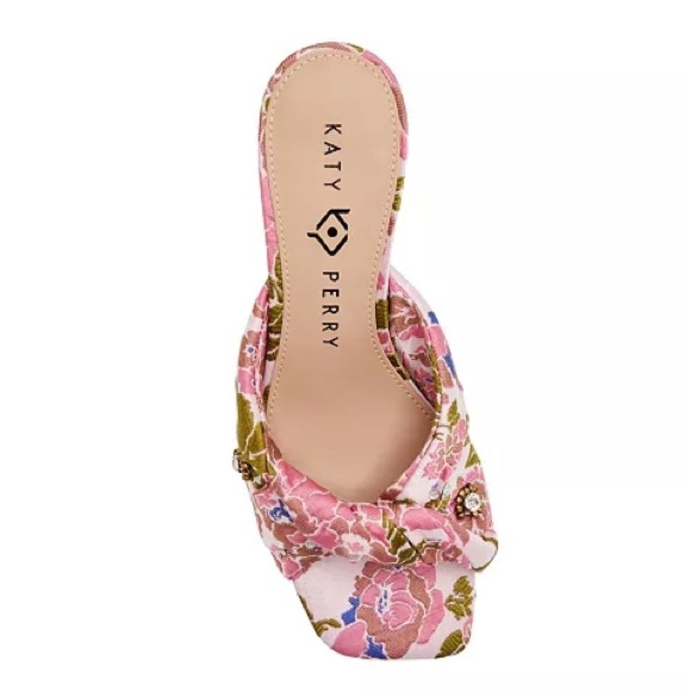 Pink Floral Jacquard Knotted Block-Heel Sandals