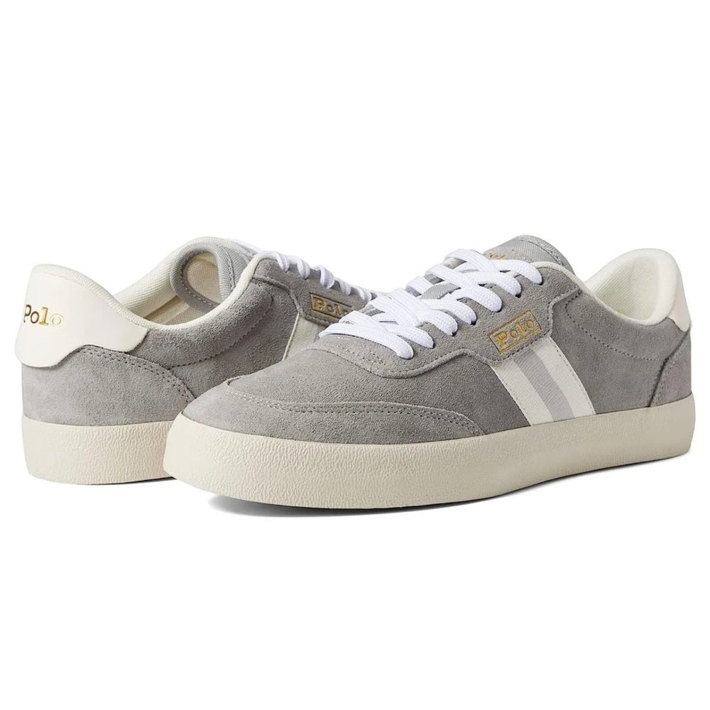Grey & White Leather Mixed-Media Court Sneakers