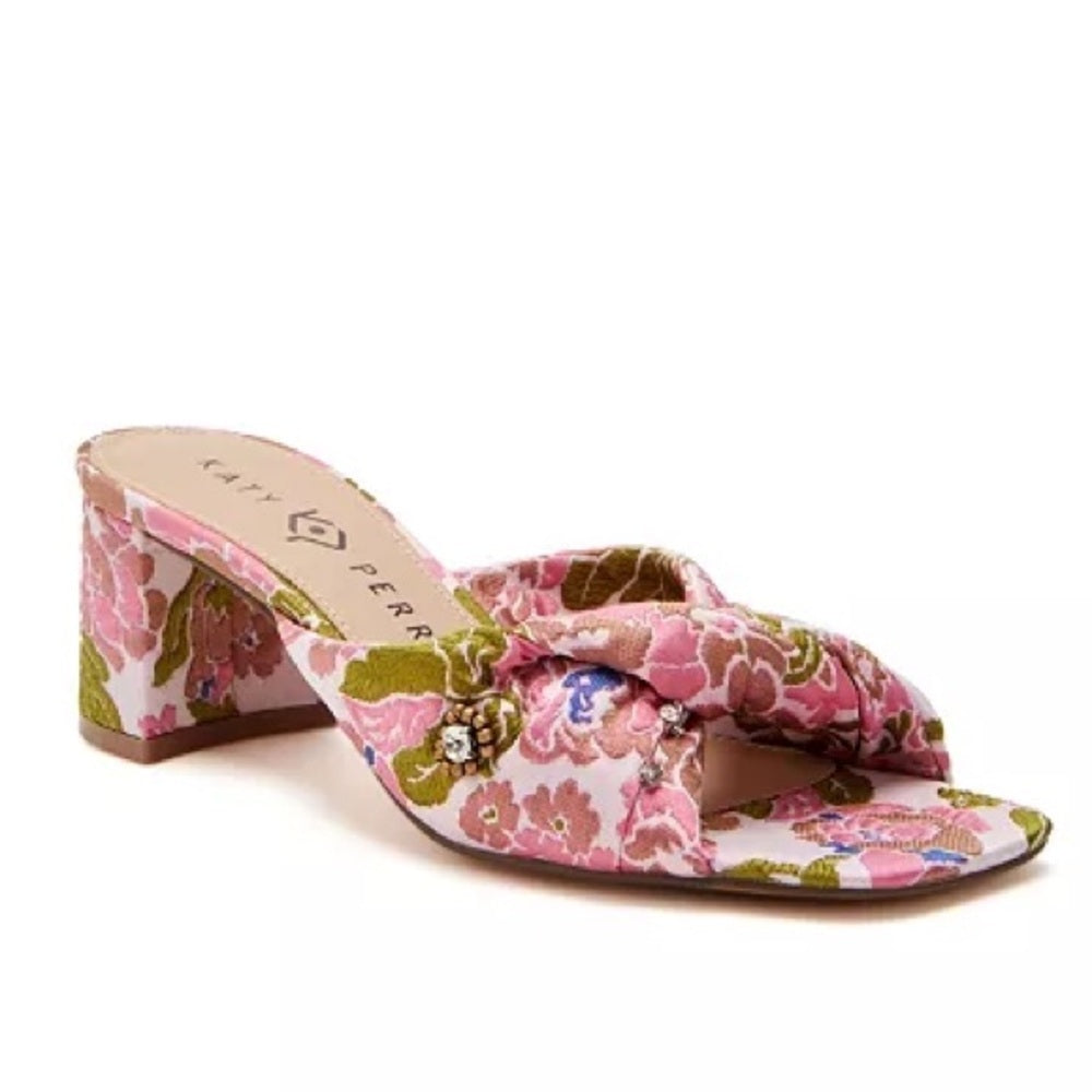 Pink Floral Jacquard Knotted Block-Heel Sandals