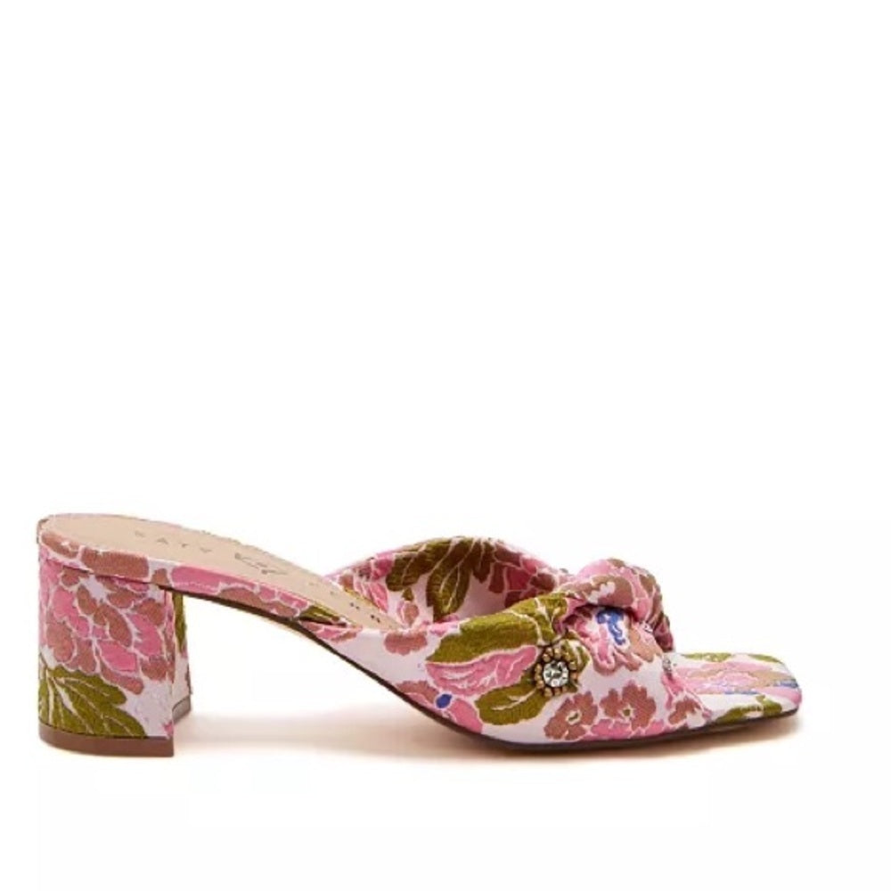 Pink Floral Jacquard Knotted Block-Heel Sandals